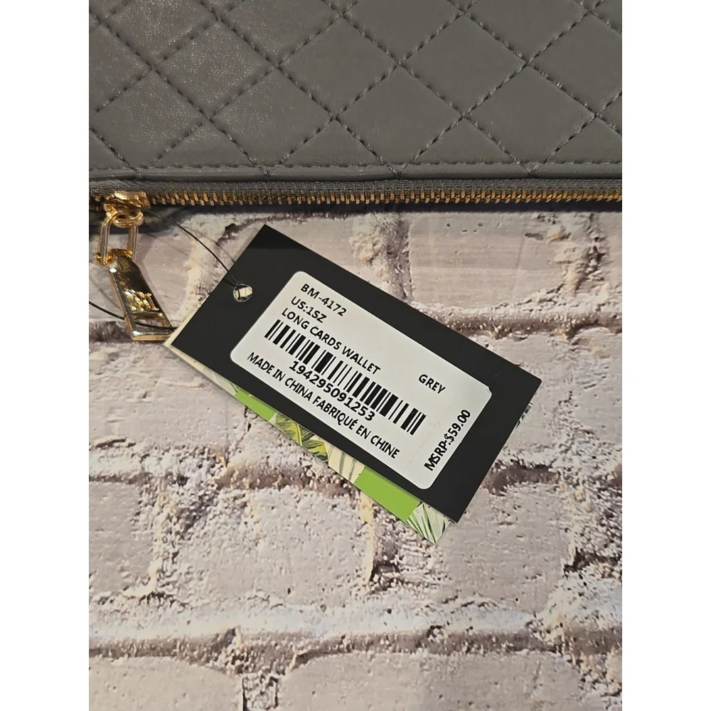 Badgley Mischka Diamond Quilting Long Wallet Gray Vegan Leather BM-4172 MSRP $59